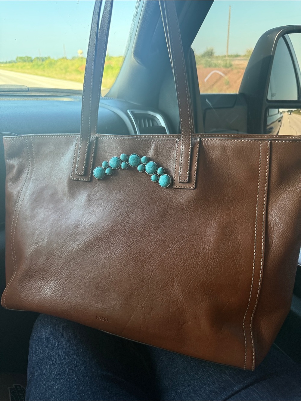 Fossil Brown Leather Tote with Turquoise Accent Beads